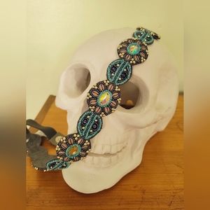 Altar'd State Teal and Grey Beaded Stretchy Waist Belt, Size S